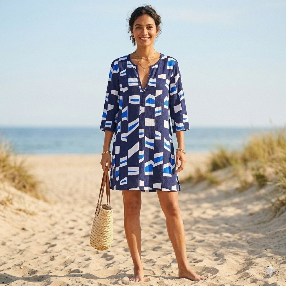 J.Crew Women Navy Blue Geometric Cotton Shift Dress Petite XS E8246 NEW